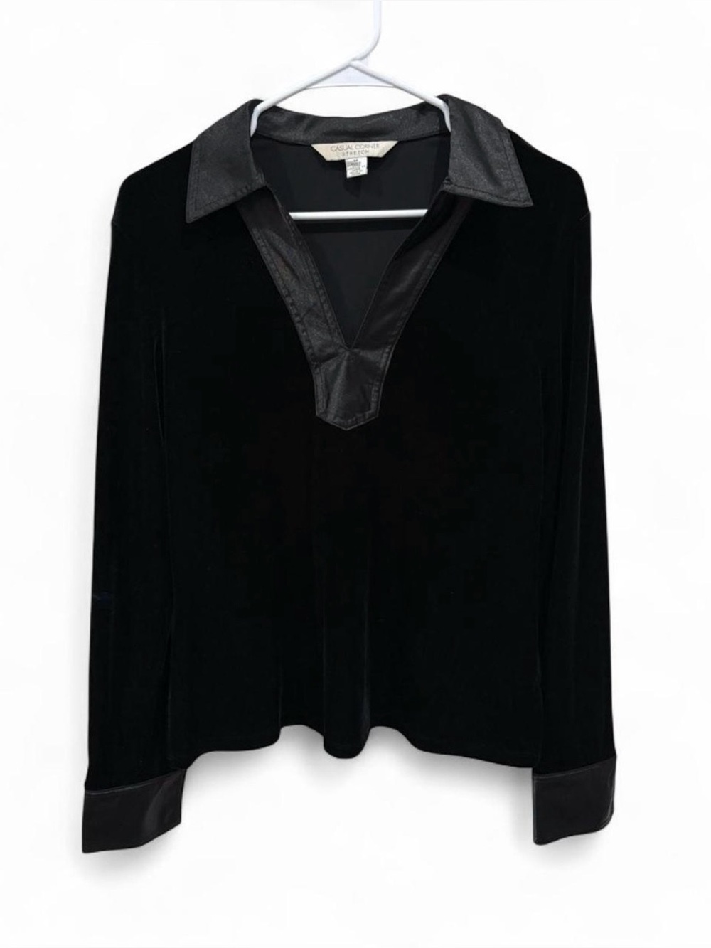 Vintage Casual Corner 90s Y2K Black Velvet Long Sleeve V Neck Blouse Satin Trim